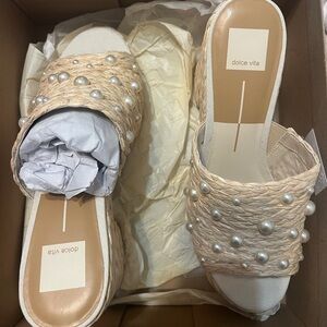 Dolce Vita Cream Woven Pearl-Embellished Slide Mules